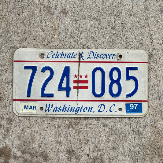 Photo of a 1984 1997 Washington DC License Plate Auto Tag Garage Decor Vintage Celebrate and Discover 724 085 with original patina