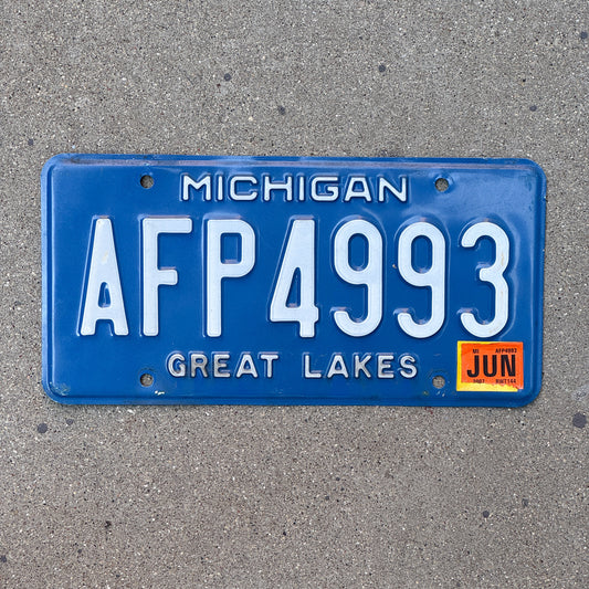 Photo of a 1984 2007 Michigan License Plate Auto Tag Garage Decor Vintage AFP 4993 with original patina