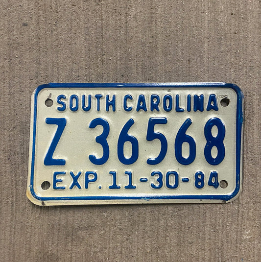 Photo of a 1984 South Carolina Motorcycle License Plate Auto Tag Garage Decor Vintage Z 36568 with original patina