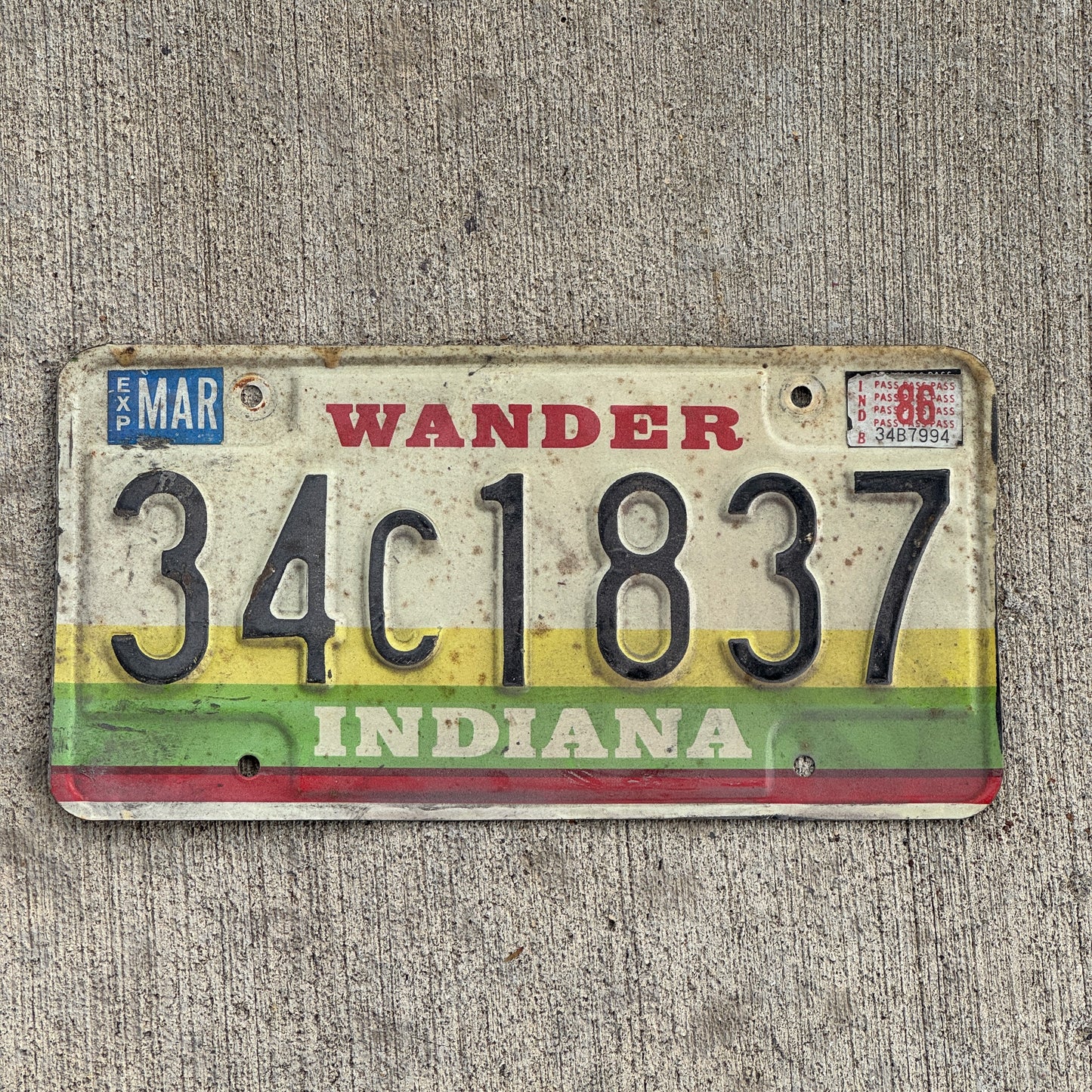 Photo of a 1985 1986 Indiana License Plate Auto Tag Garage Decor Vintage 34 C 1837 with original patina