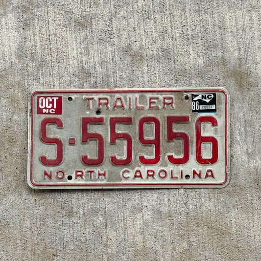 Photo of a 1985 1986 North Carolina Trailer License Plate Auto Tag Garage Decor Vintage S 55956 with original patina