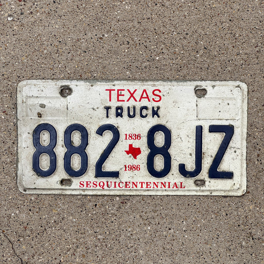 Photo of a 1985 1986 Texas Truck License Plate Auto Tag Garage Decor Vintage 882 8 JZ with original patina