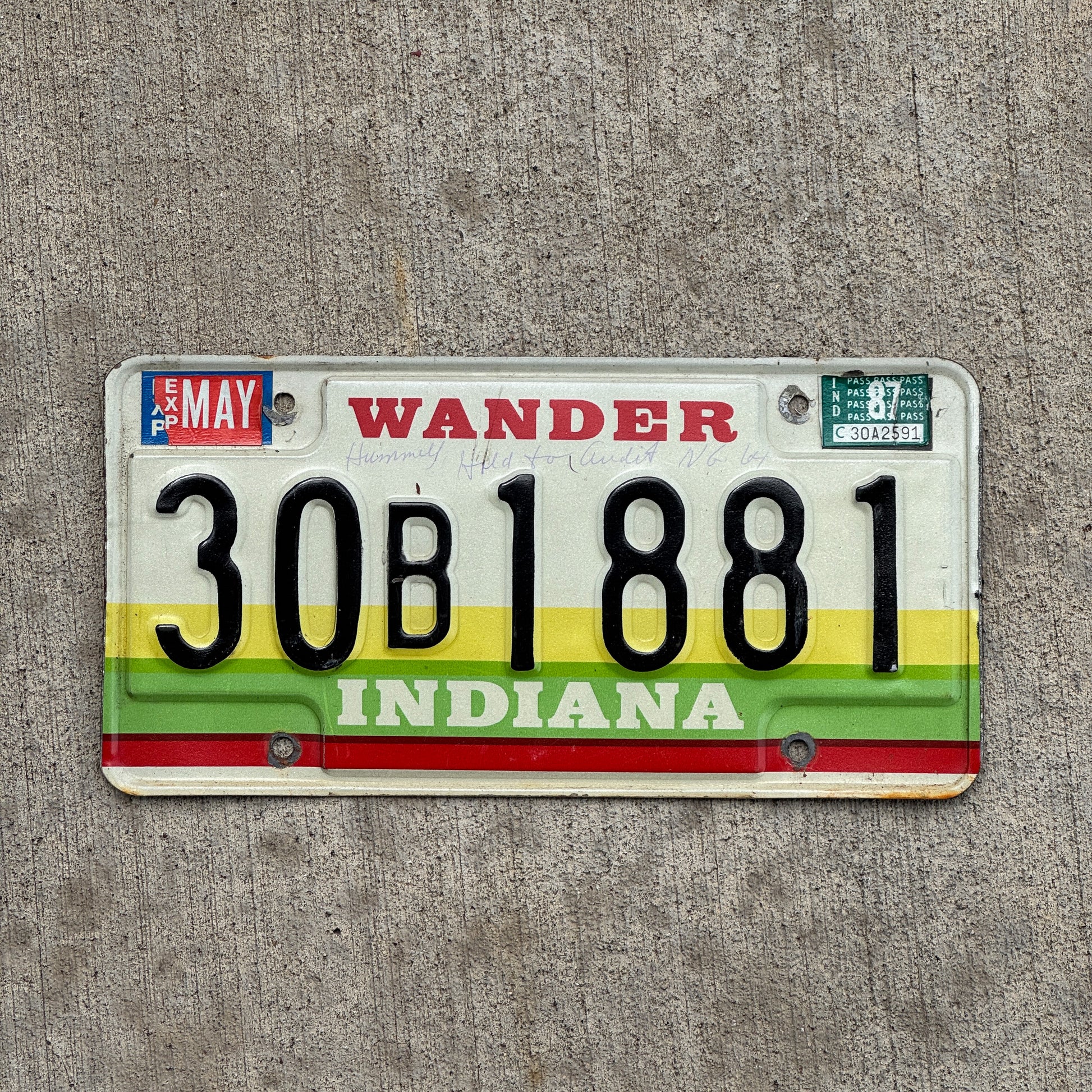 Photo of a 1985 1987 Indiana License Plate Auto Tag Garage Decor Vintage 30 B 1881 with original patina