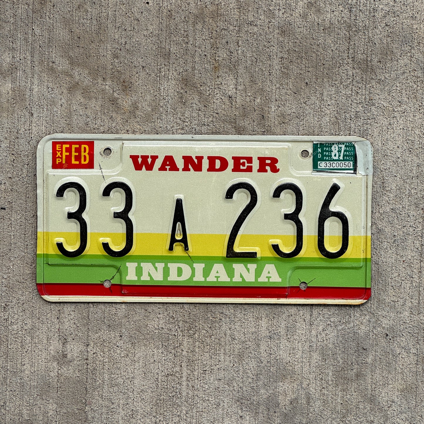 Photo of a 1985 1987 Indiana License Plate Auto Tag Garage Decor Vintage 33 A 236 with original patina