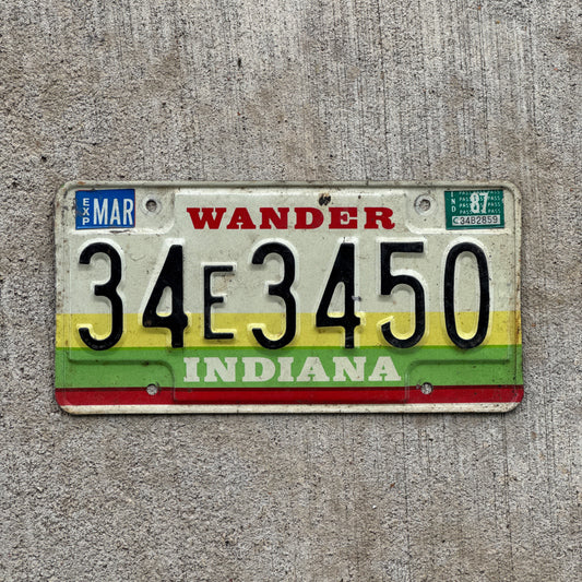 Photo of a 1985 1987 Indiana License Plate Auto Tag Garage Decor Vintage 34 E 3450 with original patina