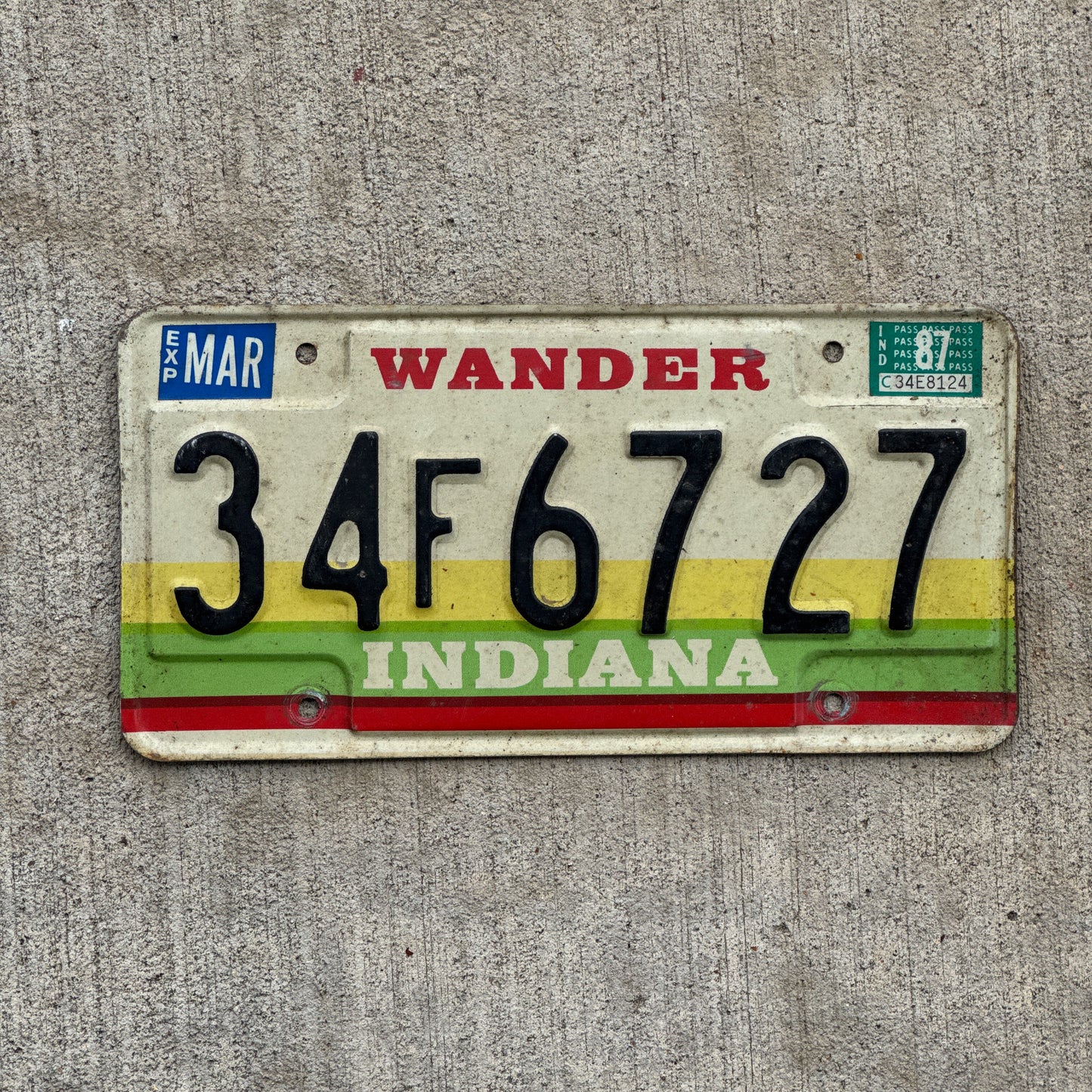 Photo of a 1985 1987 Indiana License Plate Auto Tag Garage Decor Vintage 34 F 6727 with original patina