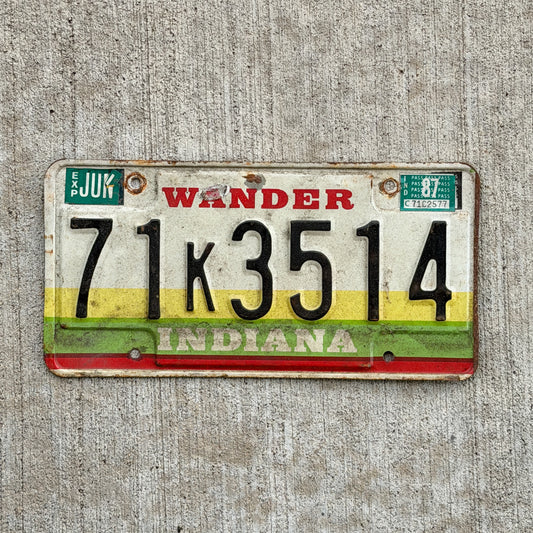 Photo of a 1985 1987 Indiana License Plate Auto Tag Garage Decor Vintage 71 K 3514 with original patina