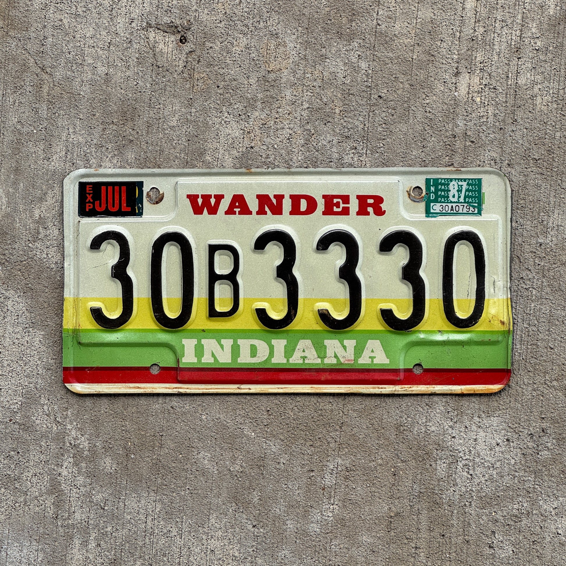 Photo of a 1985 1987 Indiana License Plate Auto Tag Garage Decor Vintage Repeat Repeating 30 B 3330 with original patina
