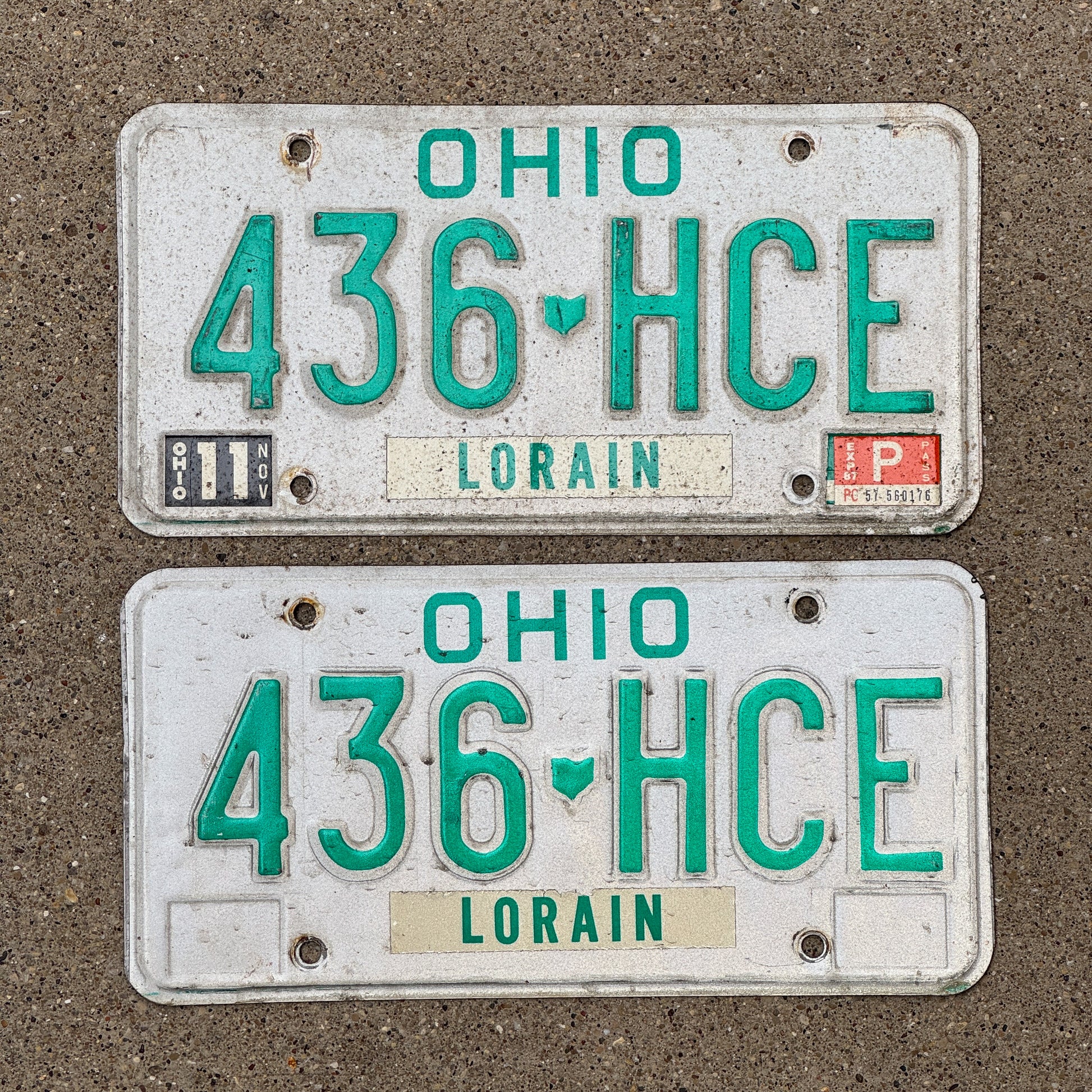 Photo of a 1985 1987 Ohio License Plate Pair Auto Tag Garage Decor Vintage 436 HCE with original patina