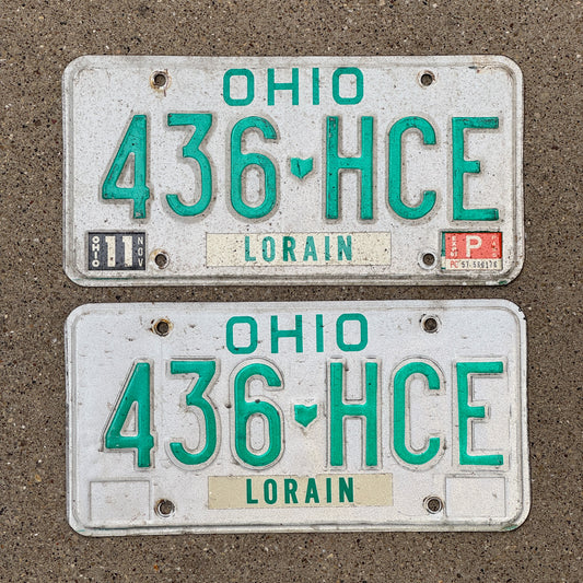 Photo of a 1985 1987 Ohio License Plate Pair Auto Tag Garage Decor Vintage 436 HCE with original patina