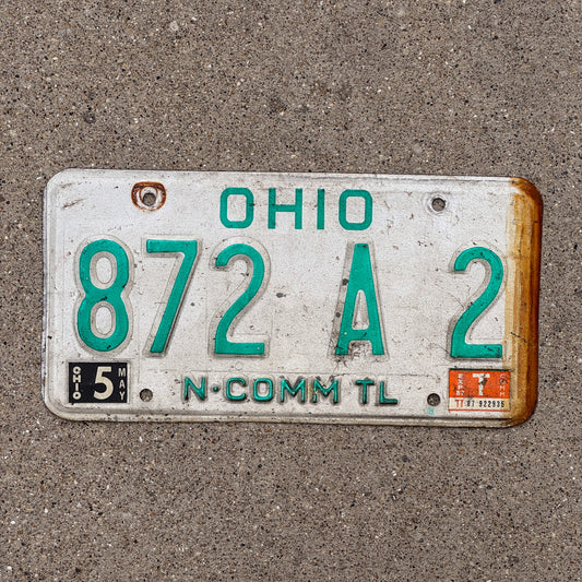 Photo of a 1985 1987 Ohio Trailer License Plate Auto Tag Garage Decor Vintage Non Commercial 872 A 2 with original patina