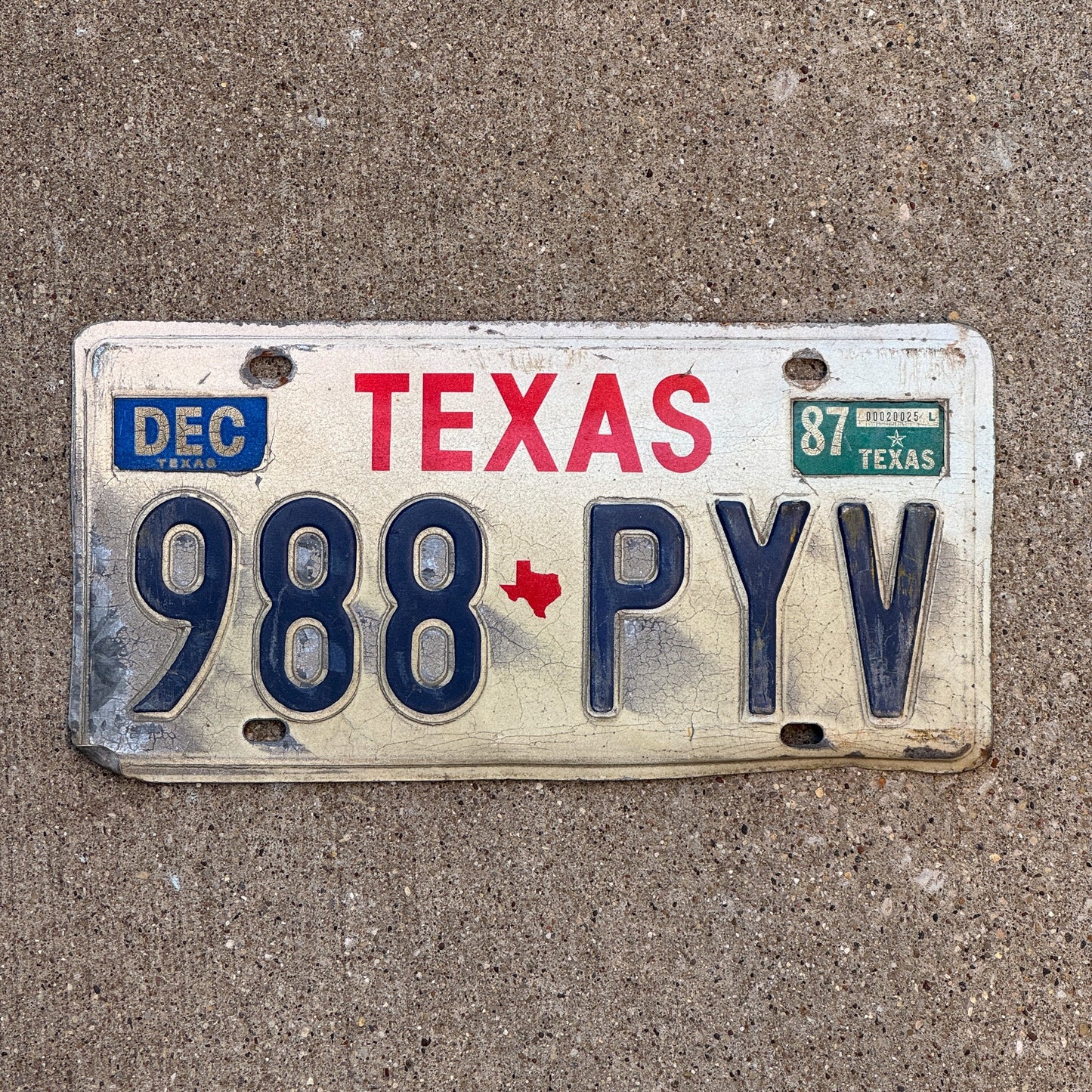 Photo of a 1985 1987 Texas License Plate Auto Tag Garage Decor Vintage 988 PYV with original patina