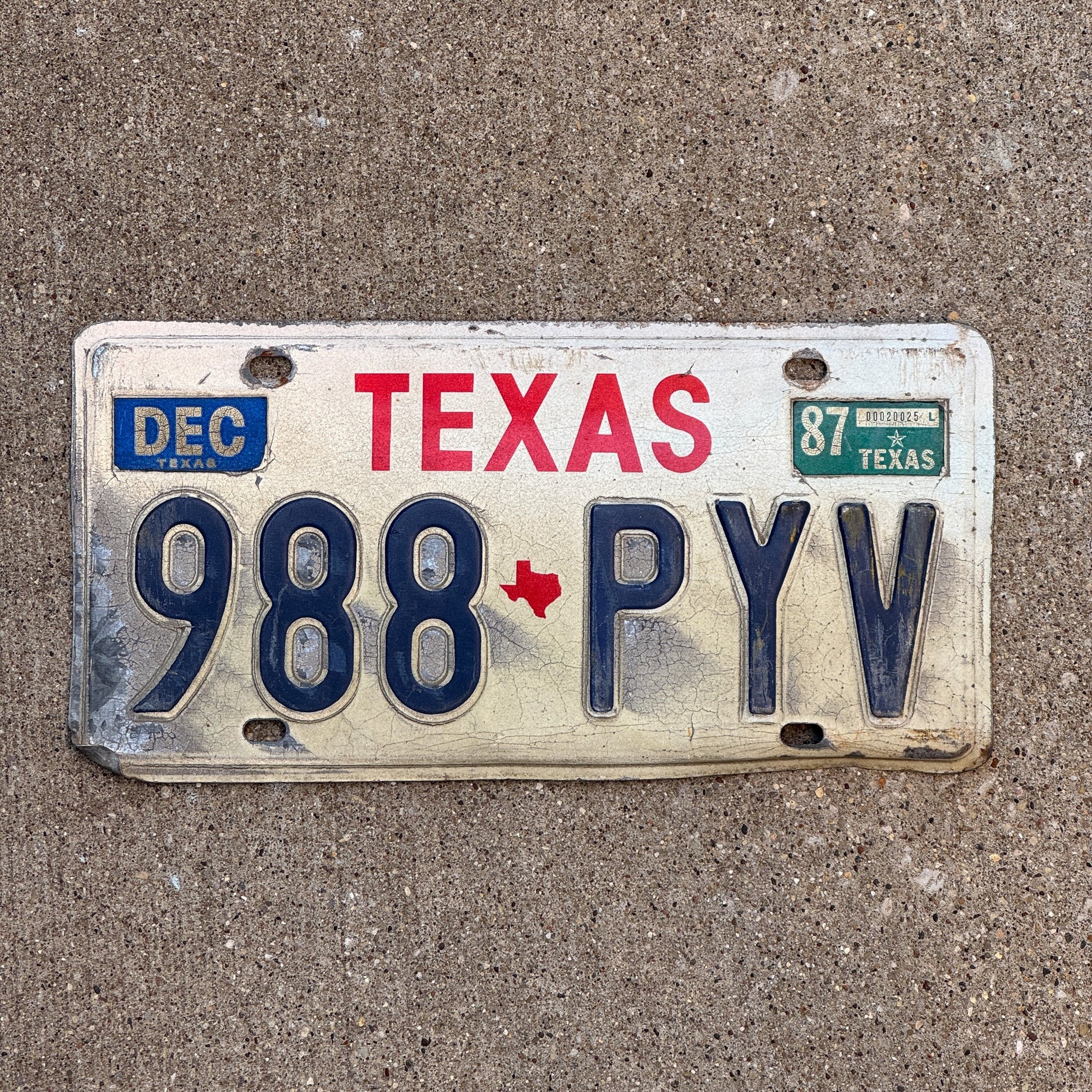 Photo of a 1985 1987 Texas License Plate Auto Tag Garage Decor Vintage 988 PYV with original patina