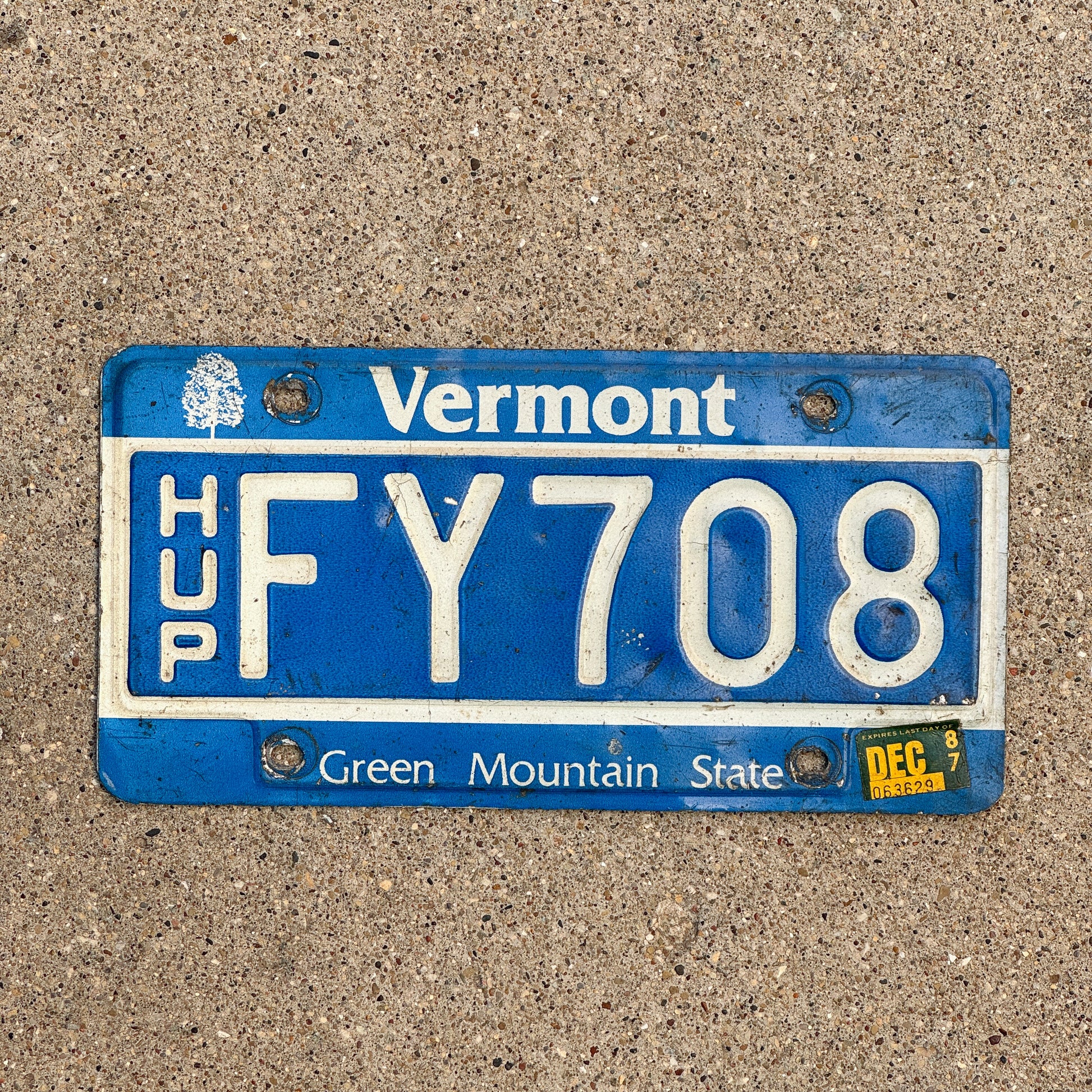 Photo of a 1985 1987 Vermont Highway Use Permit License Plate Auto Tag Garage Decor Vintage FY 708 with original patina