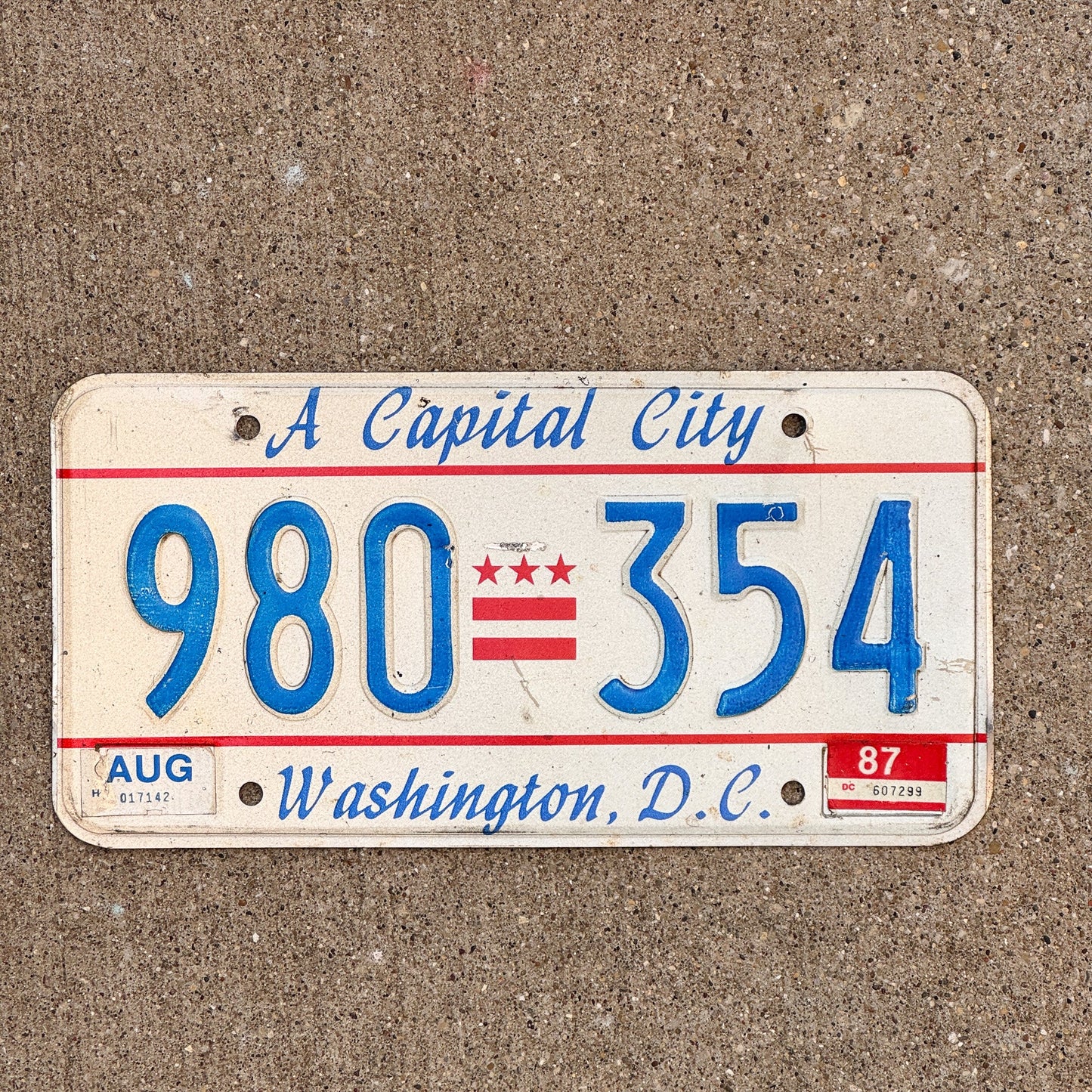 Photo of a 1985 1987 Washington DC License Plate Auto Tag 2 Garage Decor A Capital City 980 354 with original patina