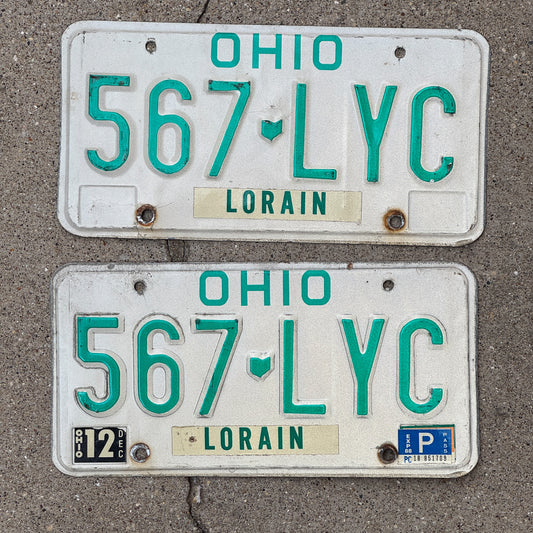 Photo of a 1985 1988 Ohio License Plate Pair Auto Tag Garage Decor Vintage 567 LYC with original patina