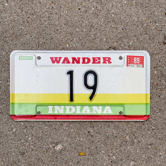 Photo of a 1985 1989 Indiana Sample License Plate Auto Tag Garage Decor Vintage 19th State 19 with original patina