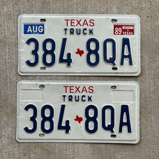 Photo of a 1985 1989 Texas Truck License Plate Pair Auto Tag Garage Decor Vintage 384 8QA with original patina