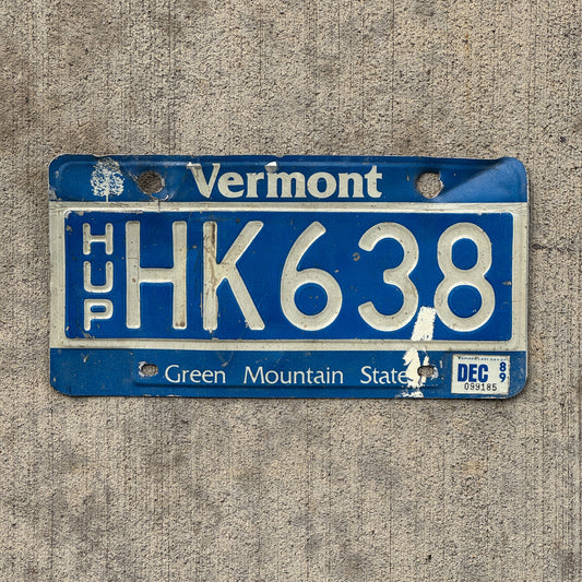 Photo of a 1985 1989 Vermont Highway Use Permit License Plate Auto Tag Garage Decor Vintage HK 638 with original patina