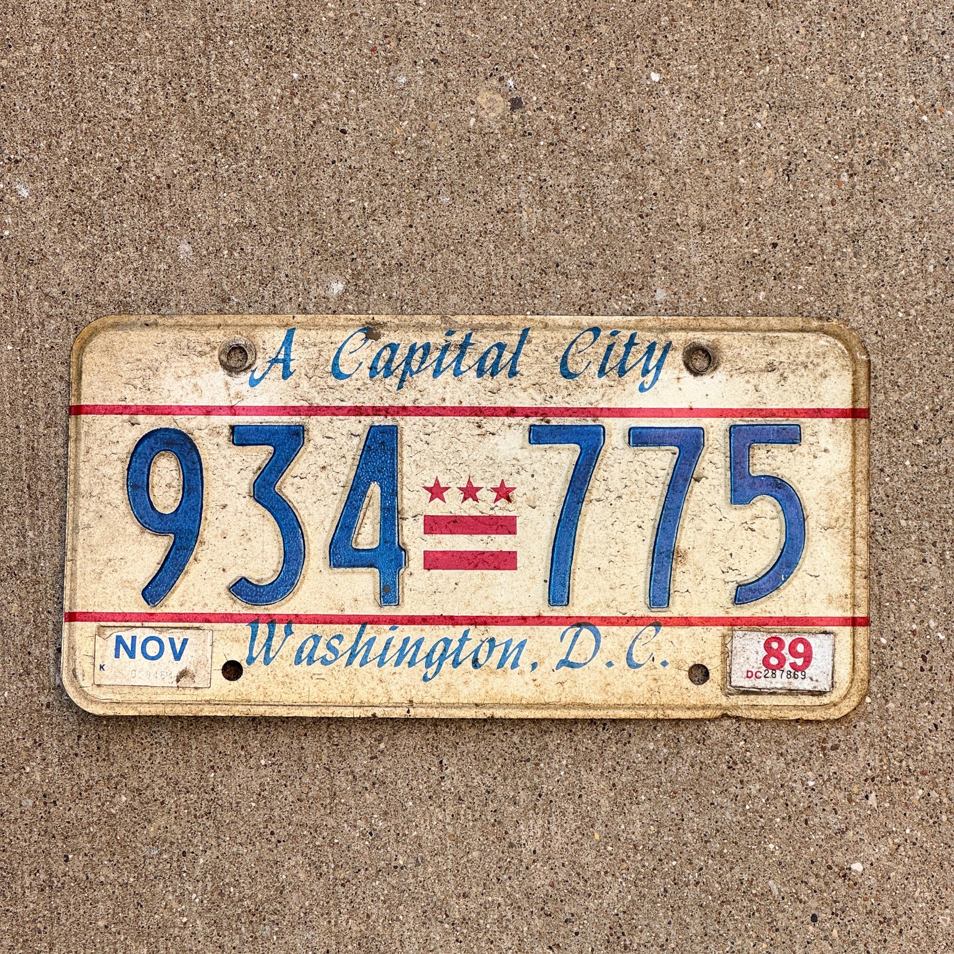 Photo of a 1985 1989 Washington DC License Plate Auto Tag Garage Decor Vintage A Capital City 934 775 with original patina