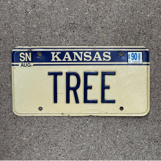 Photo of a 1985 1990 Kansas Vanity License Plate Auto Tag Garage Decor Vintage Oak Maple Biology Plants TREE with original patina