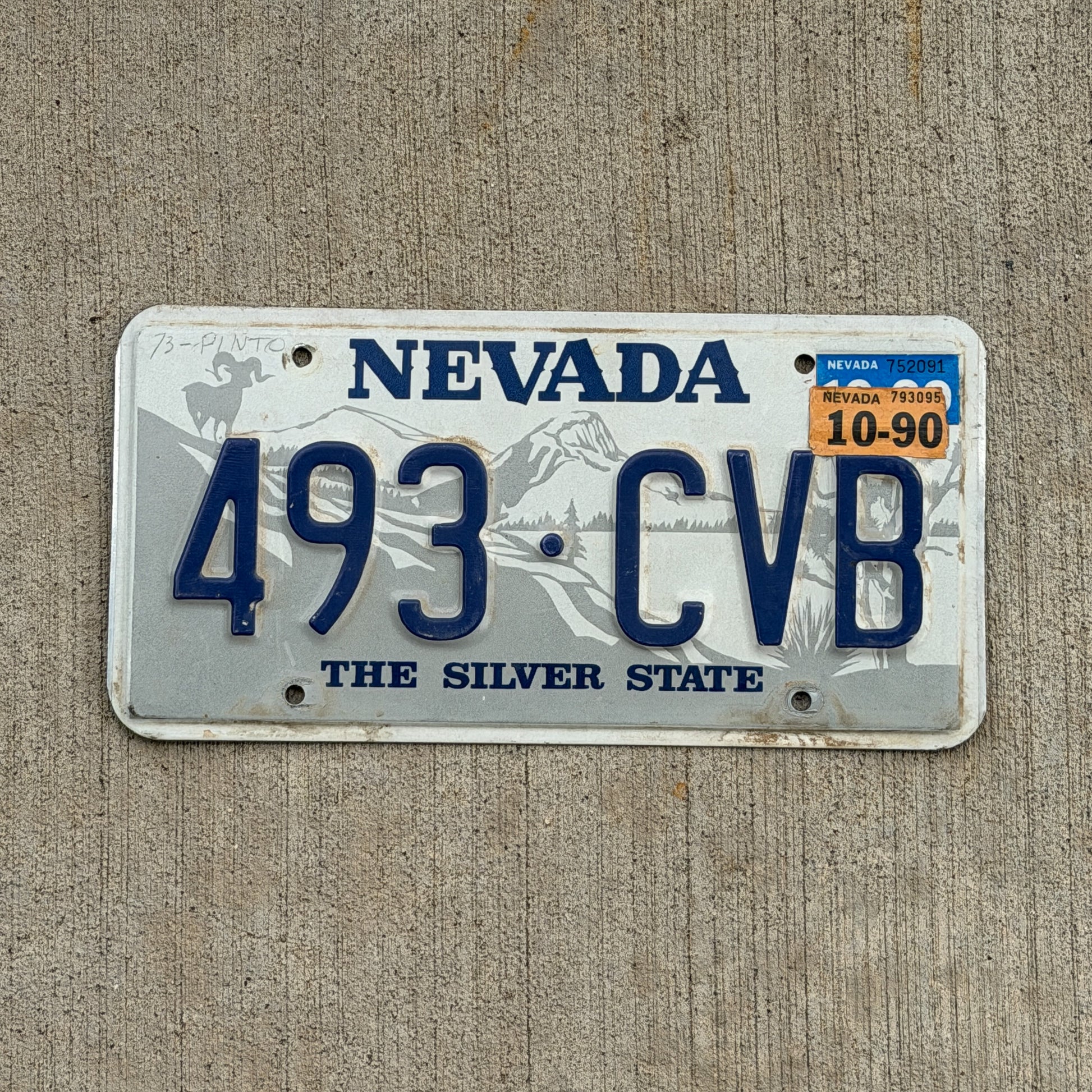 Photo of a 1985 1990 Nevada License Plate Auto Tag 2 Vintage Garage 493 CVB with original patina
