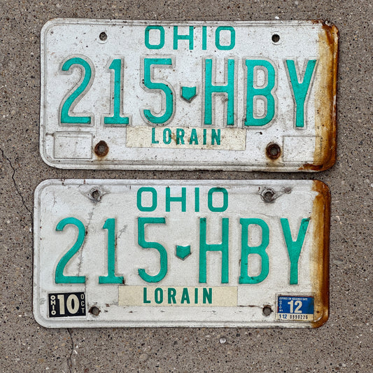 Photo of a 1985 1991 Ohio License Plate Pair Auto Tag Garage Decor Vintage 215 HBY with original patina