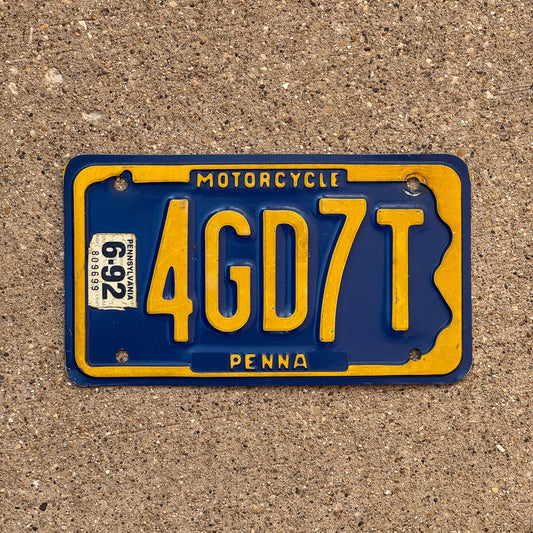 Photo of a 1985 1992 Pennsylvania MOTORCYCLE License Plate Auto Tag Garage Decor Vintage State Shape 4 GD 7 T