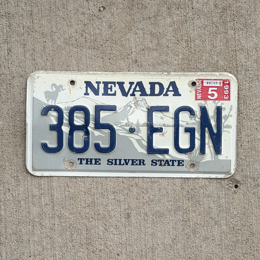 Photo of a 1985 1993 Nevada License Plate Auto Tag Garage Decor Vintage 385 EGN with original patina