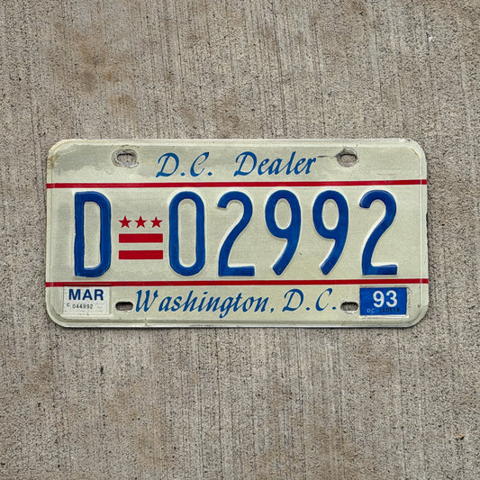 Photo of a 1985 1993 Washington DC Dealer License Plate Auto Tag Garage Decor Vintage D 02992 with original patina