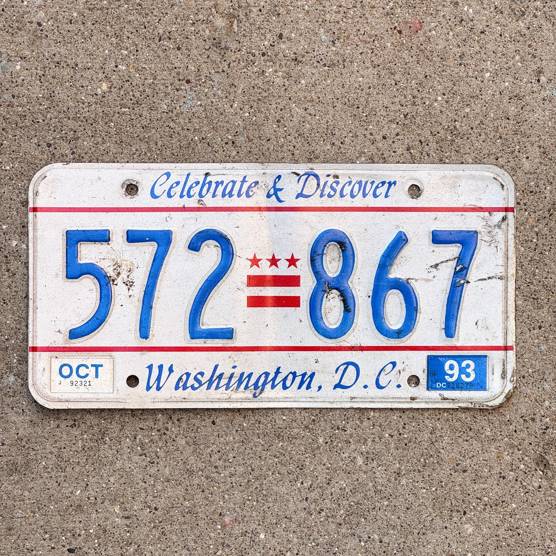 Photo of a 1985 1993 Washington DC License Plate Auto Tag Garage Decor Vintage Celebrate and Discover 572 867 with original patina
