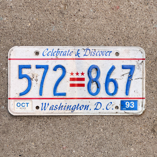 Photo of a 1985 1993 Washington DC License Plate Auto Tag Garage Decor Vintage Celebrate and Discover 572 867 with original patina