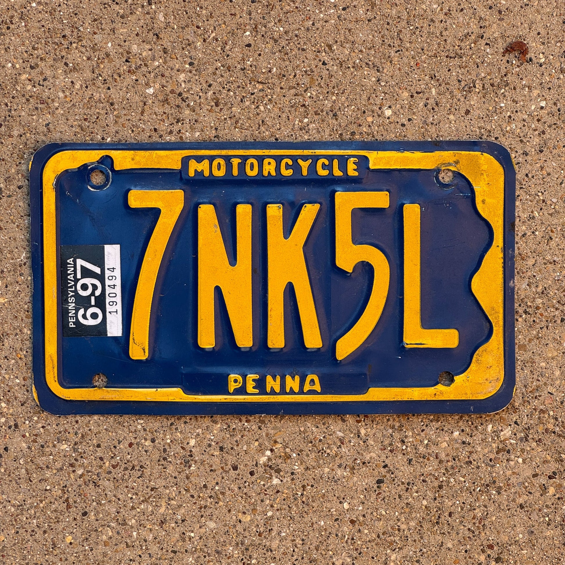 Photo of a 1985 1997 Pennsylvania Motorcycle License Plate Auto Tag Garage Decor Vintage 7NK5L