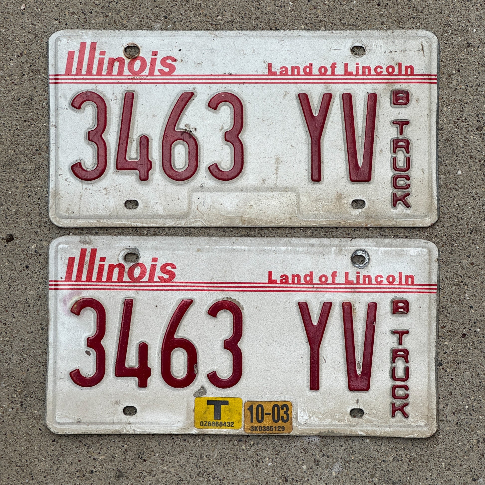 Photo of a 1985 2003 Illinois Truck License Plate Pair Auto Tag Garage Decor Vintage 3463 YV with original patina