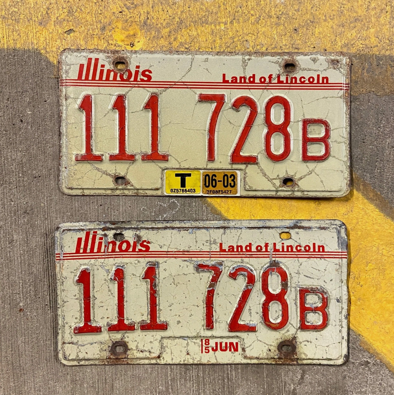 Photo of a 1985 2003 Illinois Truck License Plate Pair Auto Tag Garage Decor Vintage Repeat Repeating 111 728 B with original patina