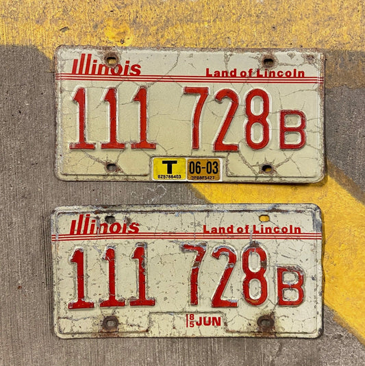 Photo of a 1985 2003 Illinois Truck License Plate Pair Auto Tag Garage Decor Vintage Repeat Repeating 111 728 B with original patina