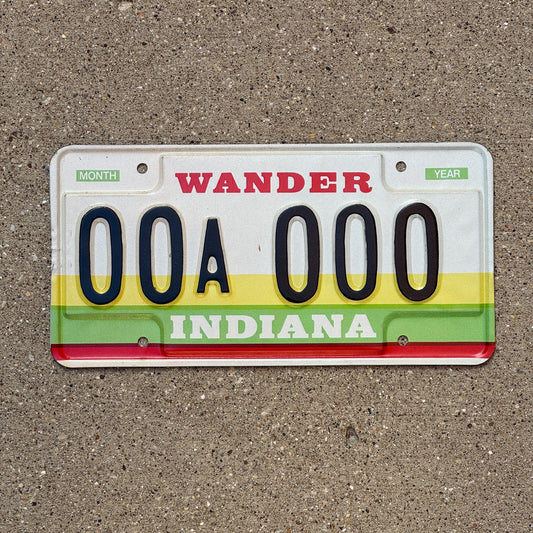 Photo of a 1985 Indiana Sample License Plate Auto Tag Garage Decor Vintage 00A 000 with original patina