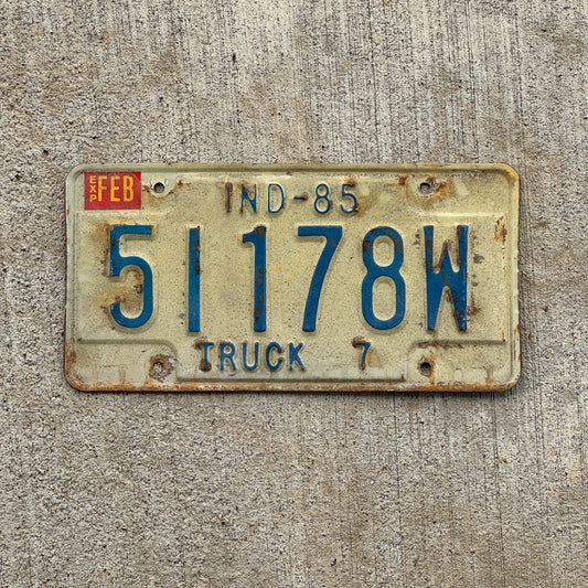 Photo of a 1985 Indiana Truck License Plate Auto Tag Garage Decor Vintage 51178 W with original patina