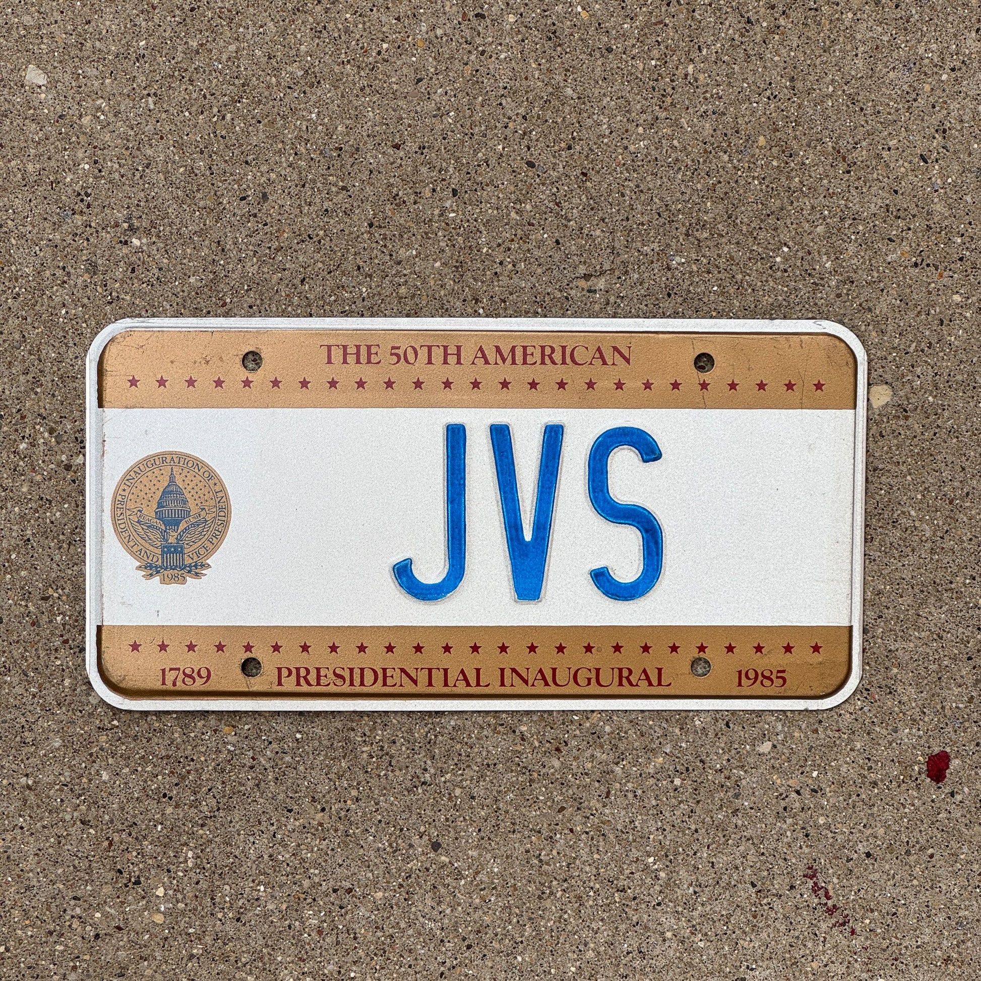 Photo of a 1985 Washington DC Inaugural License Plate Auto Tag Garage Decor Vintage Reagan Inauguration JVS