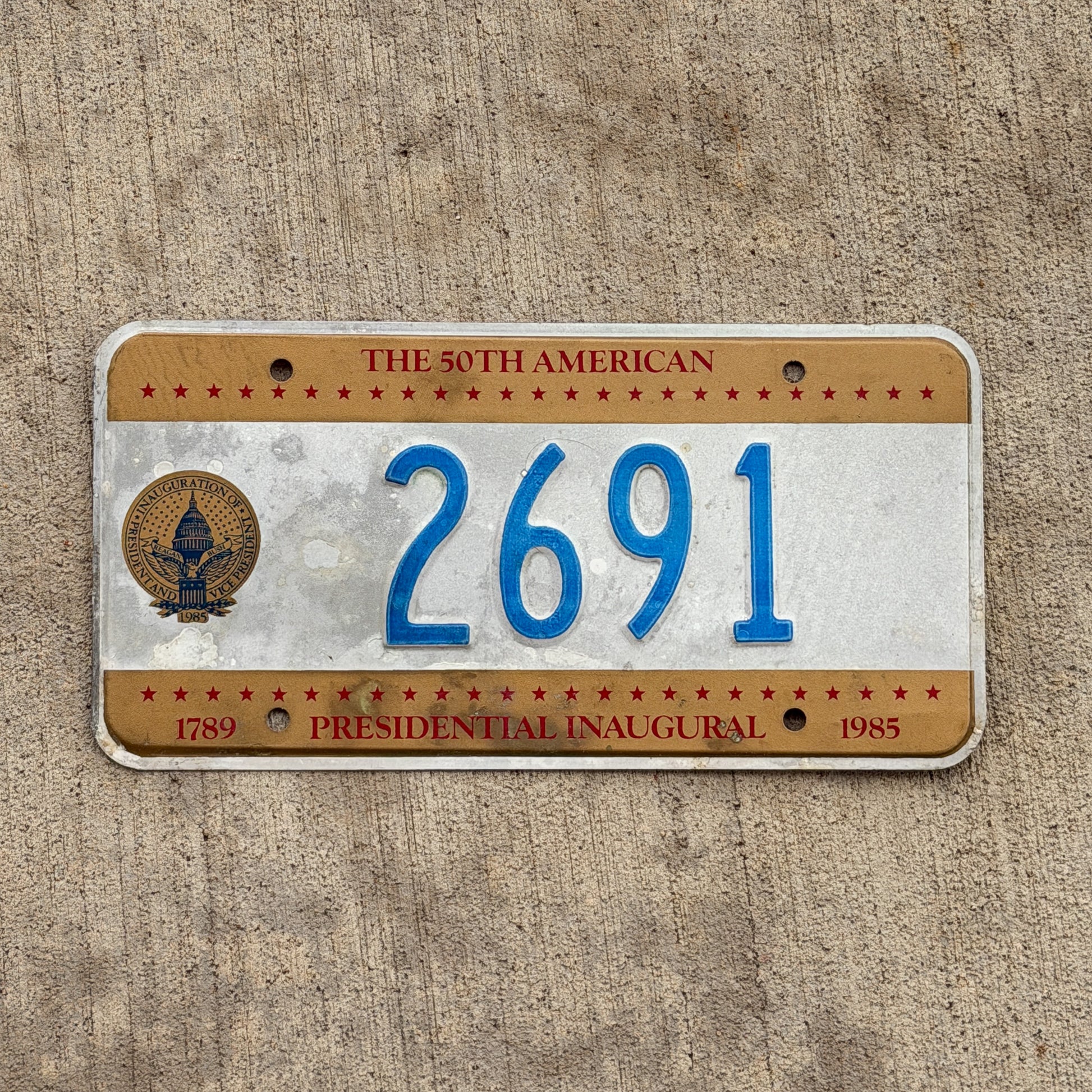 Photo of a 1985 Washington DC Inaugural License Plate Auto Tag Garage Decor Vintage Reagan Politics Political 2691 with original patina