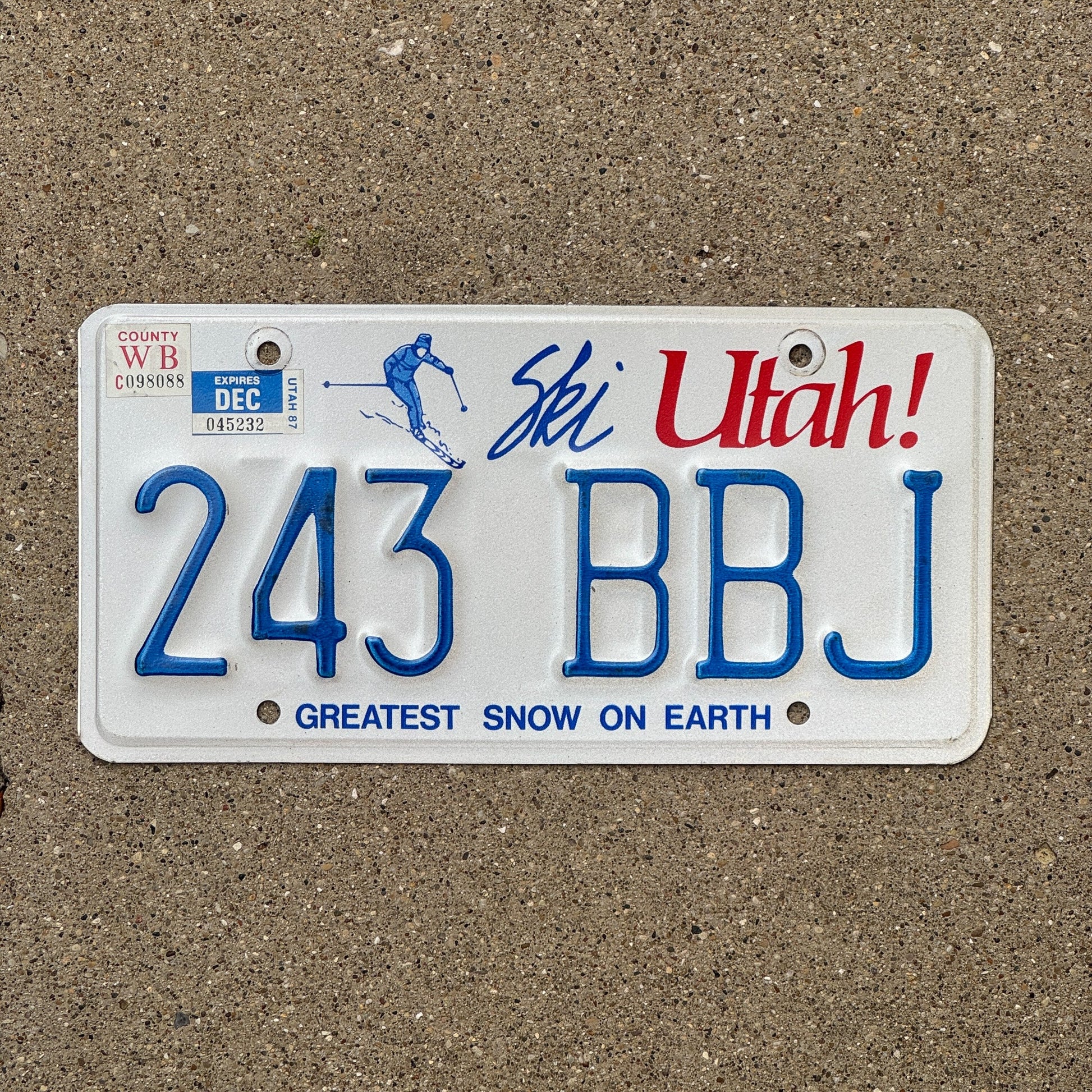 Photo of a 1986 1987 Utah License Plate Auto Tag Garage Decor Vintage 243 BBJ with original patina