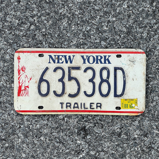 Photo of a 1986 1988 New York Trailer License Plate Auto Tag Garage Decor Vintage Liberty Base 63538D