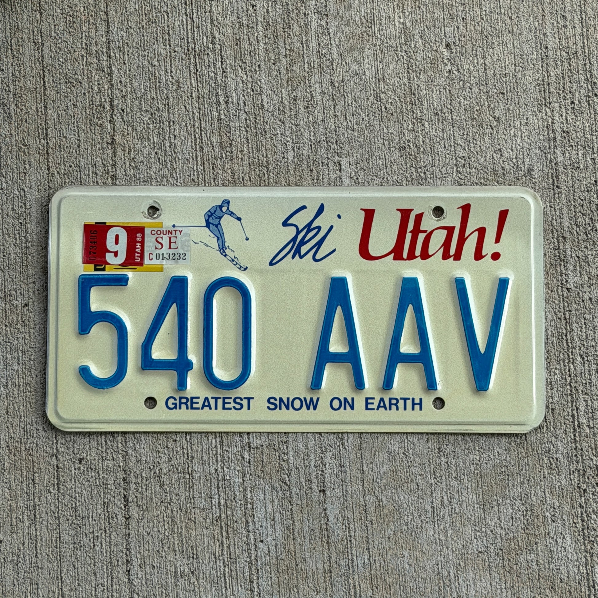 Photo of a 1986 1988 Utah License Plate Auto Tag 1 Vintage 540 AAV with original patina