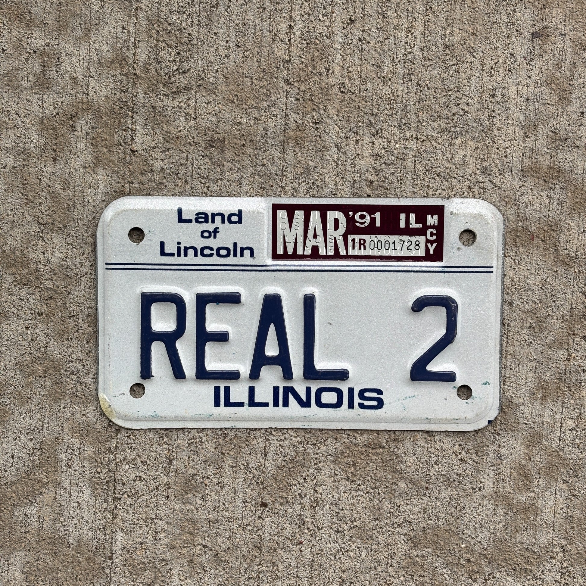 Photo of a 1986 1991 Illinois Vanity Motorcycle License Plate Auto Tag Garage Decor Vintage REAL 2 with original patina