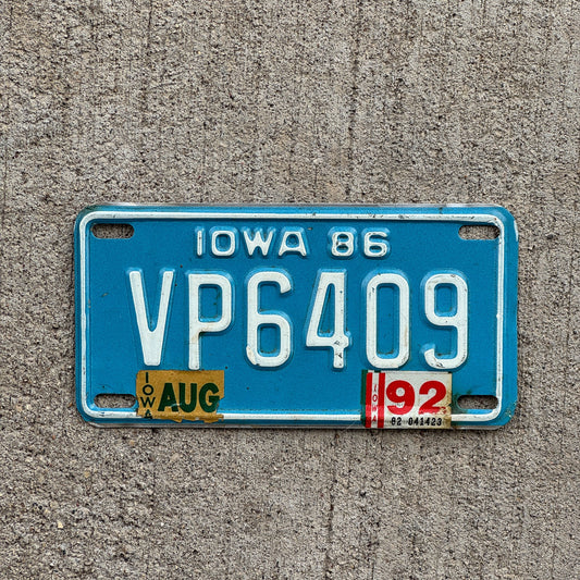 Photo of a 1986 1992 Iowa Motorcycle License Plate Auto Tag Garage Decor Vintage VP 6409