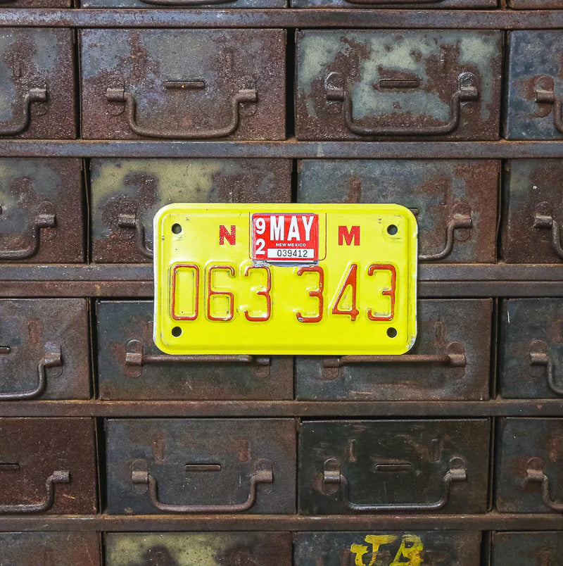 Photo of a 1986 1992 New Mexico Motorcycle License Plate Auto Tag Garage Decor Vintage 063 343 with original patina