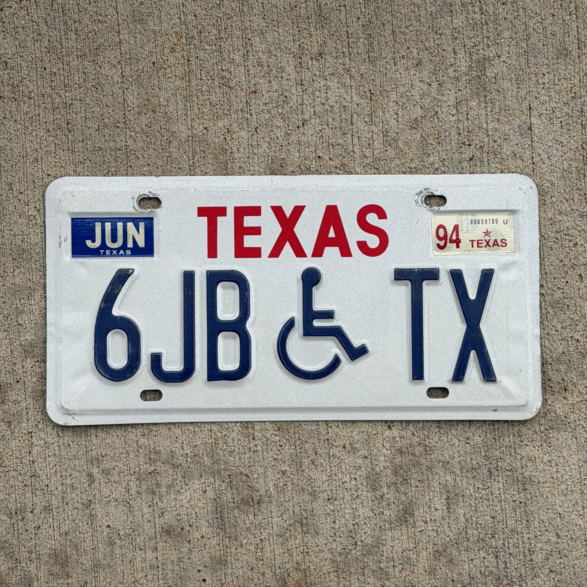Photo of a 1986 1994 Texas License Plate Auto Tag Garage Decor Vintage 6 JB TX with original patina