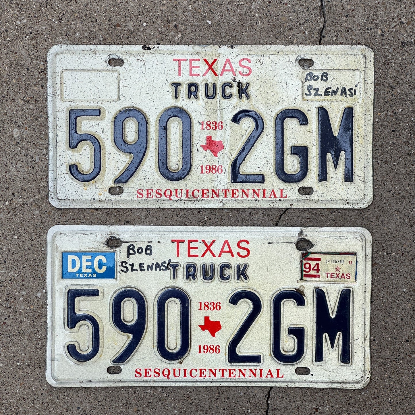 Photo of a 1986 1994 Texas TRUCK License Plate Pair Auto Tag Garage Decor Vintage 5902 GM