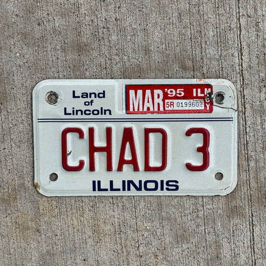 Photo of a 1986 1995 Illinois Moped Vanity License Plate Auto Tag Garage Decor Vintage CHAD 3 with original patina