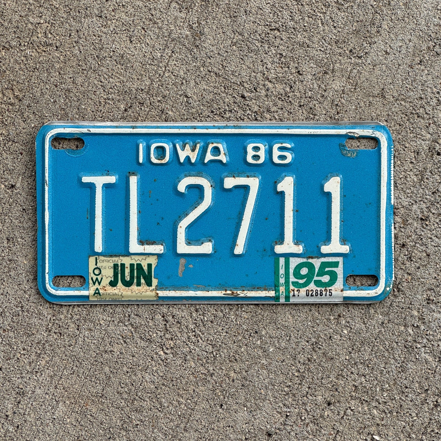 Photo of a 1986 1995 Iowa Motorcycle License Plate Auto Tag Garage Decor Vintage TL 2711
